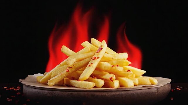 Crispy golden french fries, seasoned with red chili flakes, resting on a wooden board, against a backdrop of fiery flames