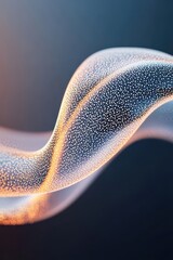 Flowing particles with glowing light, representing digital finance advancement, technology, and innovation, smooth curve on dark background.