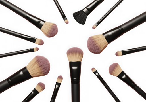 Collection of makeup brushes arranged in a starburst pattern