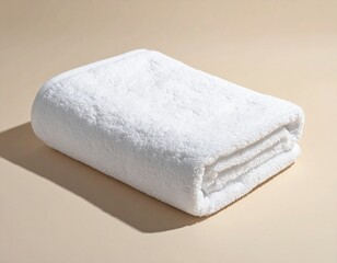 A single fluffy white towel spread out smoothly on a plain beige background. Focus on fabric softness, thickness, and fine weave details. Clean minimal look, 1:1 ratio.
