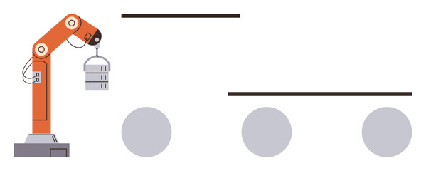 Robotic arm lifting cylindrical object and placing it onto conveyor belt system. Ideal for manufacturing, automation, technology, engineering, logistics, production, innovation. Simple flat metaphor