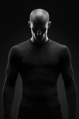 Naklejka premium High-tech base layer long sleeve in graphite black with ribbed pressure zones and seamless weave transitions, modern industrial backdrop