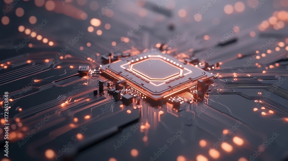 Poster central processor glowing with orange light on a complex circuit board representing fintech innovati