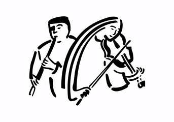 Line art illustration of a man playing a flute and a woman playing a violin, isolated on white background