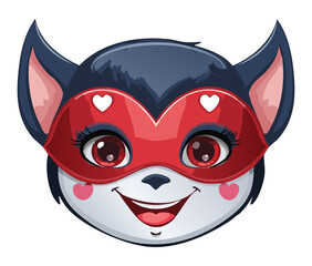 Smiling cartoon bat or vampire girl wearing a cool red superhero mask, ready for daring Halloween trick-or-treating adventures	