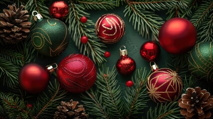 Festive Ornaments and Pine Cones on a Green Holiday Background