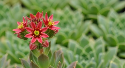 Fototapeta premium Close Up Of Small Red Succulent Flowers Blooming Among Green Leaves