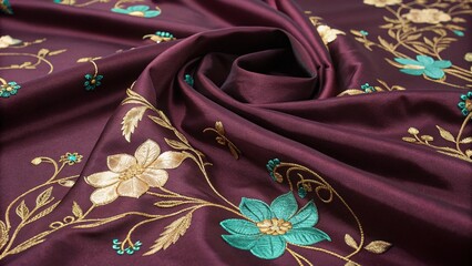 Luxury plum silk fabric detailed with golden flowers
