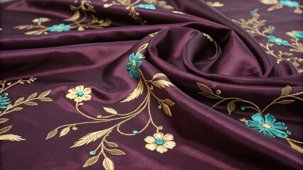 Deep plum silk fabric with turquoise and golden floral embroidery