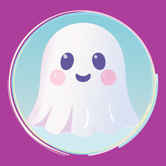 Precious cartoon ghost with a gentle smile and rosy cheeks, contained within a dark purple circular frame on a lighter background	