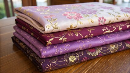 Stack of folded silk fabrics with floral patterns