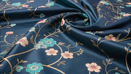 Navy blue silk fabric with turquoise and pink blossoms
