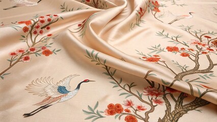 Beige Silk with Crane and Cherry Blossom Motifs in Traditional Style
