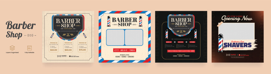 Classic barber shop promotional poster social media and story post set template
