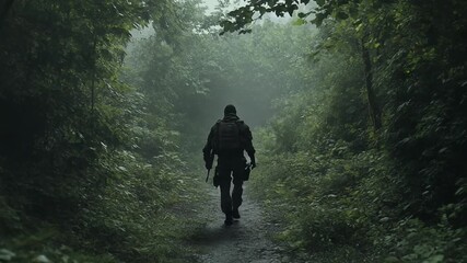 Soldier walking through a misty forest pathway - Powered by Adobe