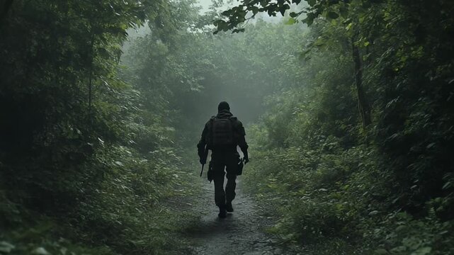 Soldier walking through a misty forest pathway