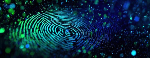 The fingerprint glowing in neon bokeh represents biometric security and futuristic identity