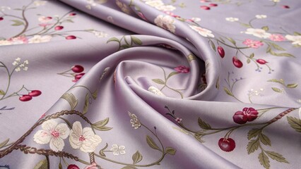 Lavender Silk with Embroidered Cherries, Blossoms, and Botanical Pattern