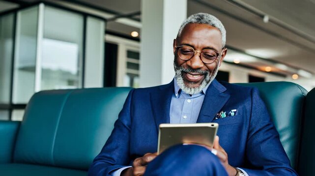 Mature professional relaxes with tablet between flights, authentic downtime that blends efficiency, comfort, and connected lifestyle on the move.