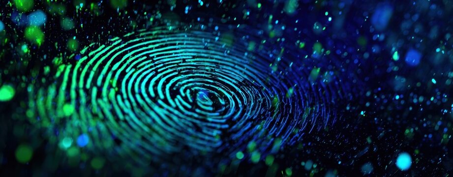 The fingerprint glowing in neon bokeh represents biometric security and futuristic identity