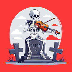 Dynamic cartoon skeleton energetically playing the violin while seated on a weathered gravestone on a red and white background	