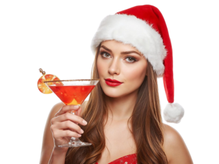 Woman in Santa hat holding orange cocktail isolated on transparent or white background, png