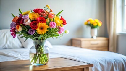A bouquet of colorful flowers with a vase on a bedside table