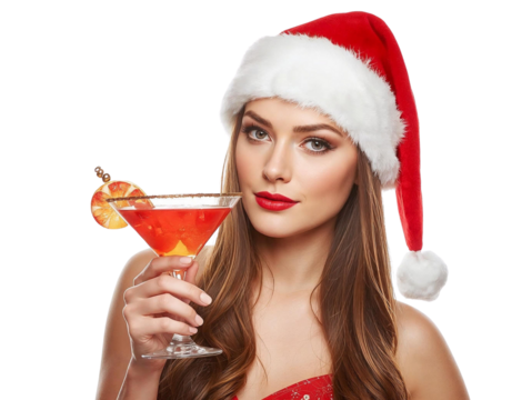 Woman in Santa hat holding orange cocktail isolated on transparent or white background, png