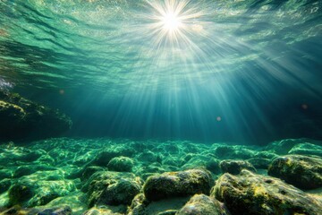 Underwater scene with sun rays illuminating rocky seabed in clear ocean water