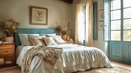 Provence style bedroom design with pastel blue shutters a floral upholstered headboard and delicate lace curtains for a light airy vibe interior