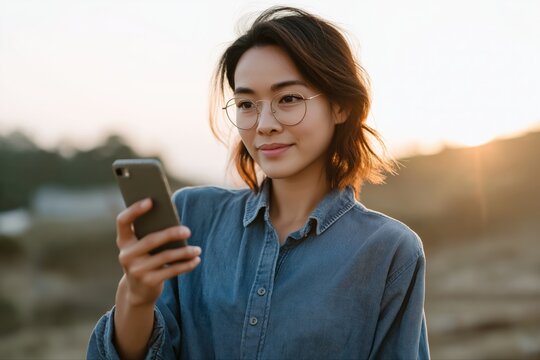 Young asian female using smartphone outdoors in casual denim shirt