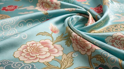 Ornamental Textile with Pink Flowers, Green Leaves, and Gold Accents on Turquoise Base