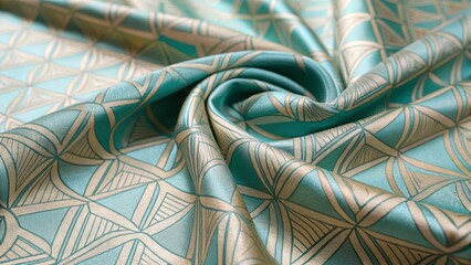 Ornamental Textile with Stylized Gold and Teal Geometric Motifs in Spiral Composition