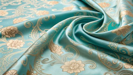Elegant Turquoise Textile with Gold Paisley Blossoms and Ornamental Patterns