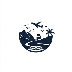 Travel Adventure Logo Design with Airplane, Car, and Open Book.