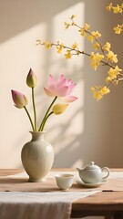 Vase with lotuses, teapot, cups.