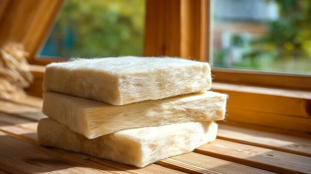 Beige Fiber Insulation Panels Stacked on Wooden Floor in Framed House Soft Natural Light Through Windows Casting Gentle Shadows Highlighting Thermal Efficiency and Material Fluff