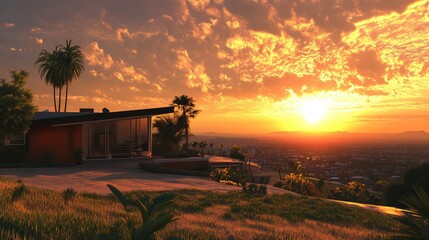 Fototapeta premium rendering realistic 3d ai depiction of a sunset over a home