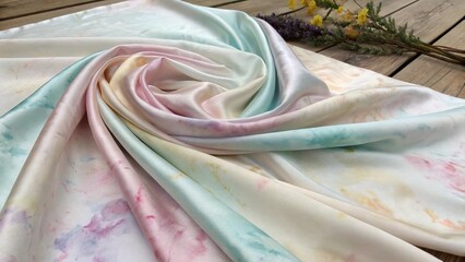 Delicate Tie-Dye Silk in Pastel Rainbow Tones with Natural Decoration