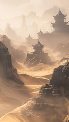 Misty desert landscape with ancient, tiered pagodas nestled amongst rocky outcrops and rolling sand dunes.  Warm, hazy light bathes the scene