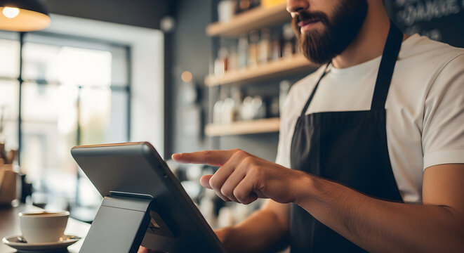 Barista using tablet for orders in a modern coffee shop small business owner managing inventory digital technology cafe customer service