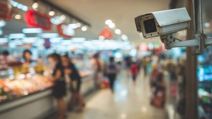 Focused medium shot of a cornermounted camera monitoring checkout counters ensuring store safety with blurred employees and customers in the background.