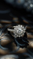 Close-up of a diamond ring with a halo setting, resting on a dark, ornate surface.  Sunlight casts dramatic shadows