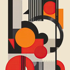 An abstract composition featuring geometric shapes in shades of red, orange, black, and gray against a beige background.  The shapes overlap and interlock, creating a dynamic visual rhythm