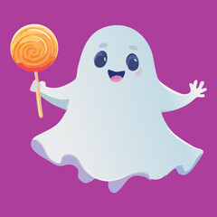 Friendly Cartoon Ghost Floating and Holding a Big Swirly Purple Lollipop for a Sweet Trick-or-Treat Design Element	