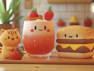 Cute cartoon characters with drink and burger in cozy kitchen scene