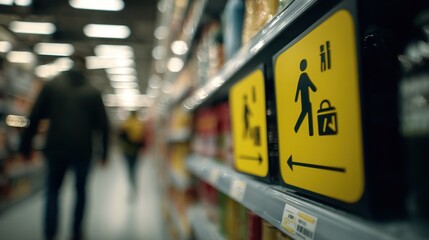 Floorstanding signage featuring prominent icons and aisle directions in perfect focus with an outoffocus shopper reaching for items on a shelf nearby.