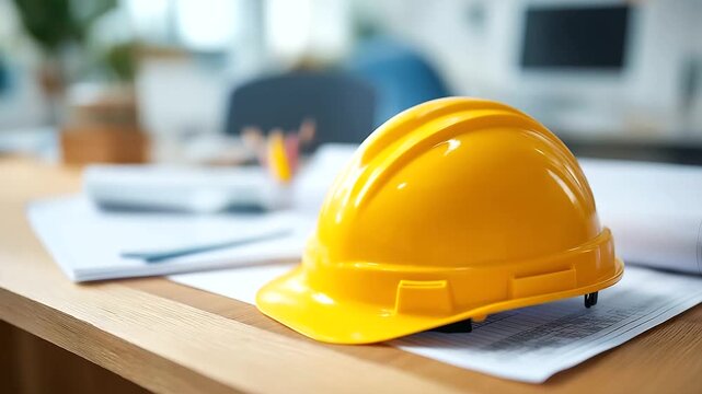 Construction Plans and Budget Documents Scattered on Wooden Desk with Grainy Texture and Pencil Marks Yellow Hard Hat Symbolizing Precision Blurred Office Background Highlighting