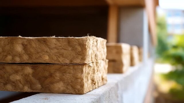 Construction Site with Mineral Wool Insulation in Wall Cavities Emphasizing Quality Materials and Sustainable Building Practices with Fibrous Texture and Secure Placement Blurred