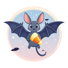 Adorable cartoon bat flying with a candy corn treat, set against a whimsical blue and gray cloudy background, perfect for sweet Halloween designs	